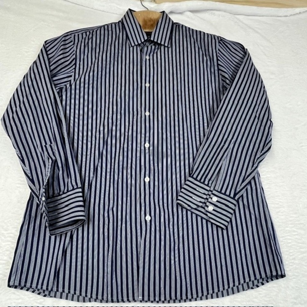 Hugo Boss Mens Dress Shirt Regular Fit Two Ply Navy White Stripe 16‎ 32/33